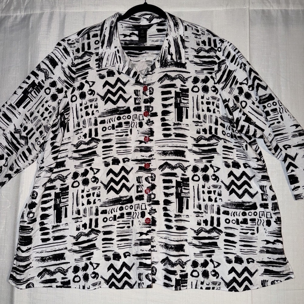Ali Miles Button Up Top Plus Size 2x XXL Black White Geometric Lagenlook Artsy